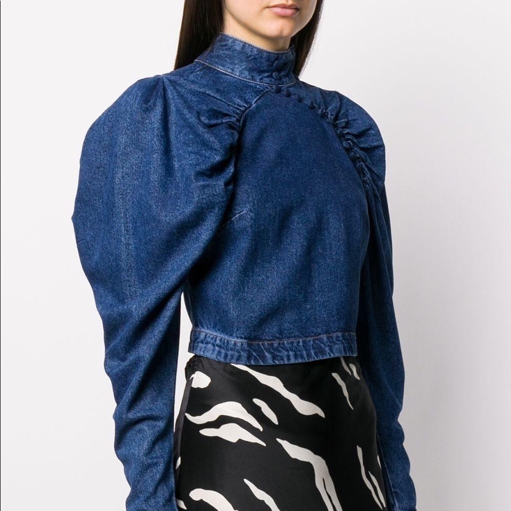 Dark Blue Denim Puff-Sleeve Top - Women's